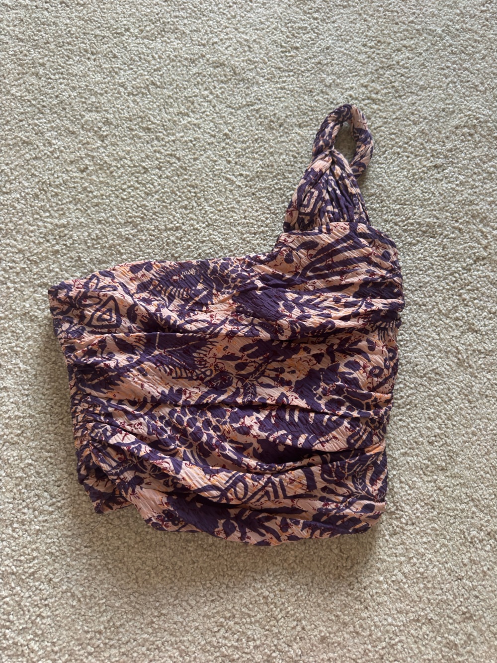Zara Peach and Purple One-Shoulder Printed Top